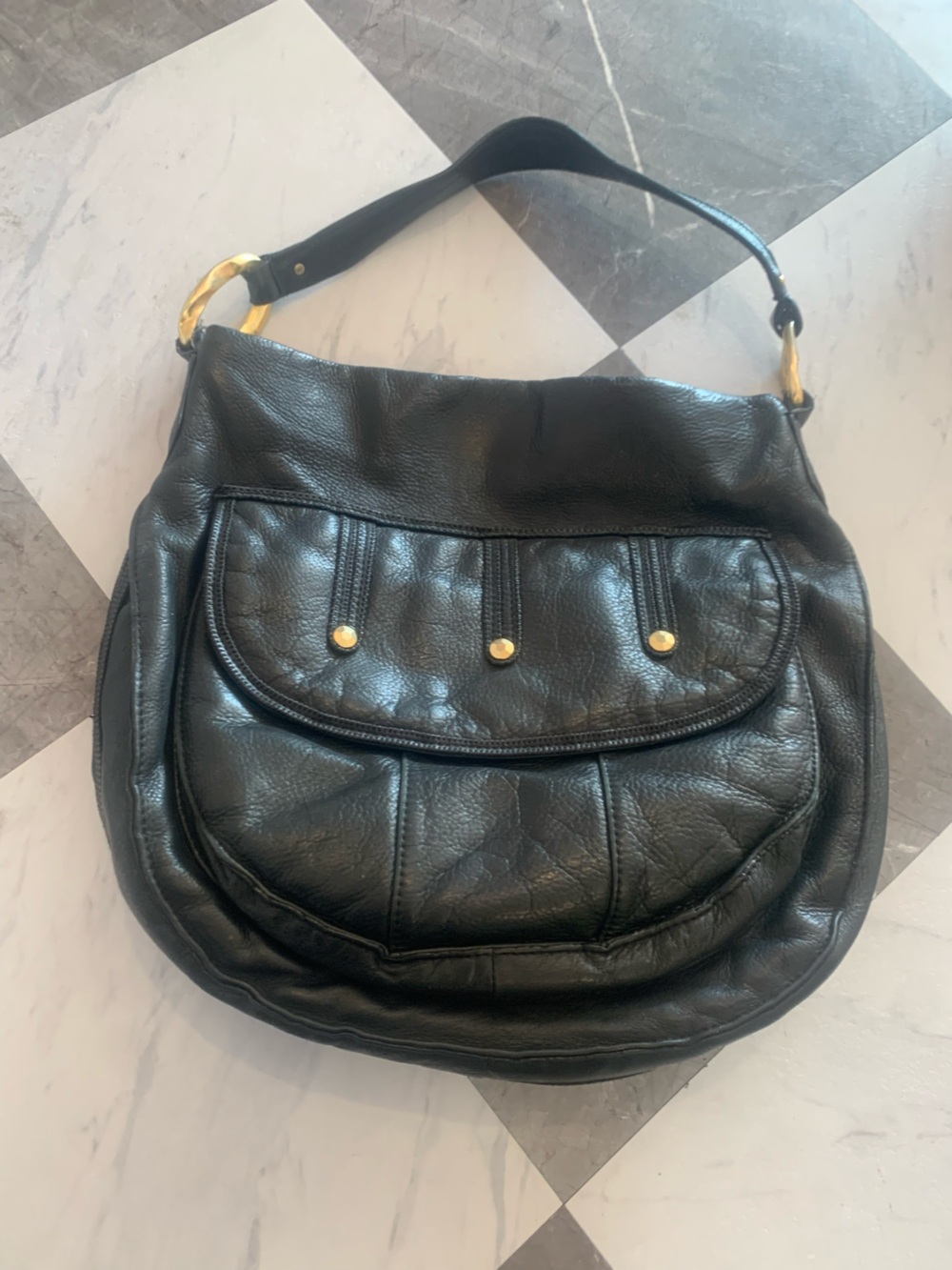 Sigrid Olsen Black Leather Messenger Bag with Gold Hardware